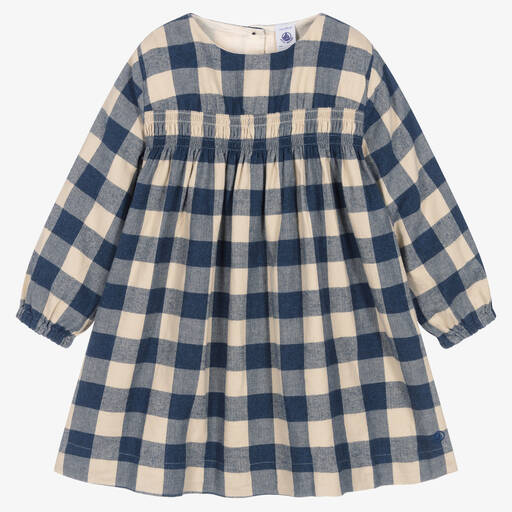 Petit Bateau-Сине-бежевое хлопковое платье в клетку | Childrensalon Outlet