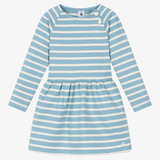 Petit Bateau-Girls Blue & Grey Striped Cotton Dress | Childrensalon Outlet