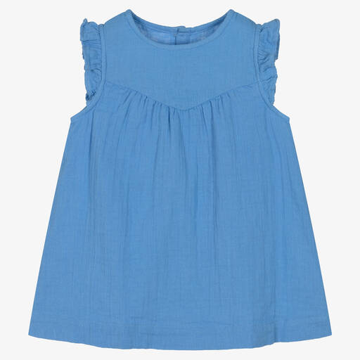 Petit Bateau-Girls Blue Organic Cheesecloth Dress | Childrensalon Outlet