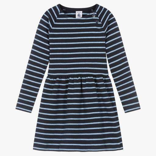 Petit Bateau-Girls Blue Striped Cotton Dress | Childrensalon Outlet