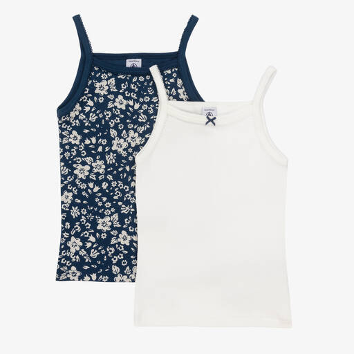 Petit Bateau-Girls Ivory & Blue Cotton Vests (2 Pack) | Childrensalon Outlet