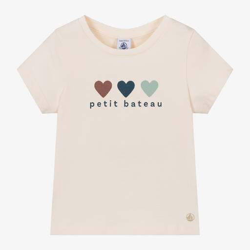 Petit Bateau-Girls Ivory Cotton Hearts T-Shirt | Childrensalon Outlet