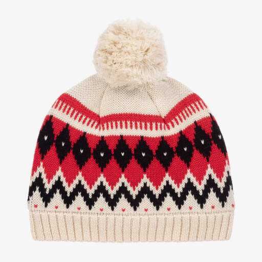 Petit Bateau-Girls Ivory & Red Knitted Pom Hat | Childrensalon Outlet