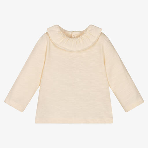 Petit Bateau-Girls Ivory Ruffle Collar Cotton Top | Childrensalon Outlet