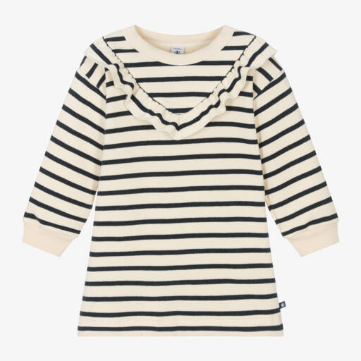 Petit Bateau-Girls Ivory Stripe Ruffle Dress | Childrensalon Outlet