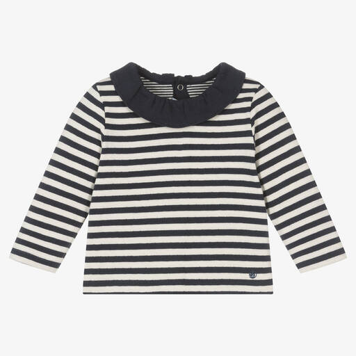 Petit Bateau-توب أطفال بناتي قطن جيرسي مقلّم لون كحلي | Childrensalon Outlet