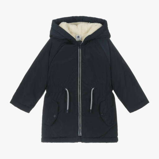 Petit Bateau-Girls Navy Hooded Parka Coat | Childrensalon Outlet