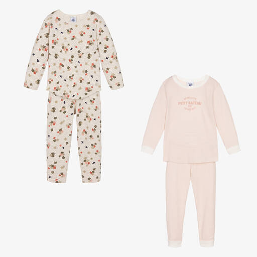 Petit Bateau-Girls Pink & Beige Cotton Pyjamas (2 Pack) | Childrensalon Outlet