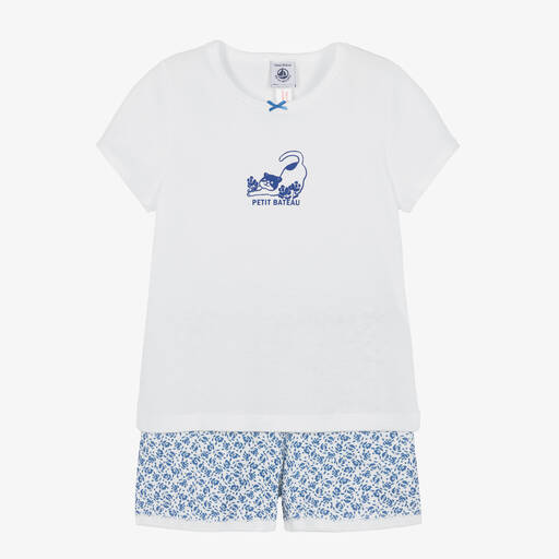 Petit Bateau-Girls White & Blue Cotton Cat Pyjamas | Childrensalon Outlet