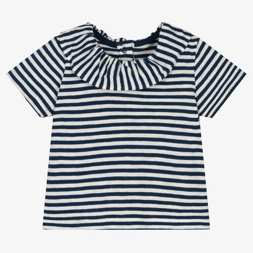 Petit Bateau-Girls White & Blue Stripe Cotton T-Shirt | Childrensalon Outlet
