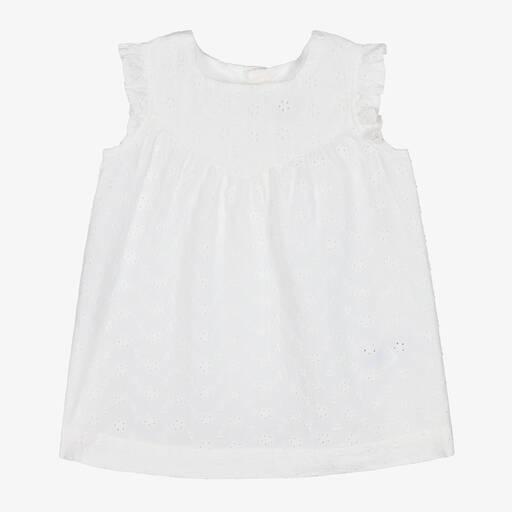 Petit Bateau-فستان أطفال بناتي قطن برودوري لون أبيض | Childrensalon Outlet