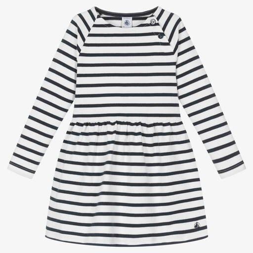 Petit Bateau-Girls White & Navy Blue Breton Stripe Dress | Childrensalon Outlet