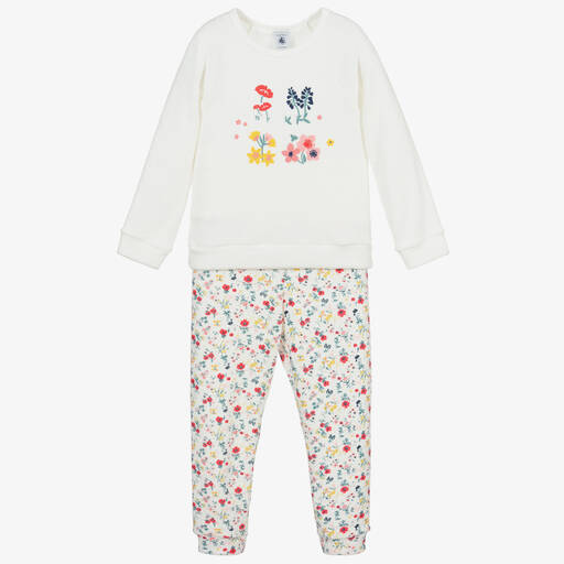 Petit Bateau-بيجاما قطن تيري ومودال لون عاجي بطبعة ورود | Childrensalon Outlet