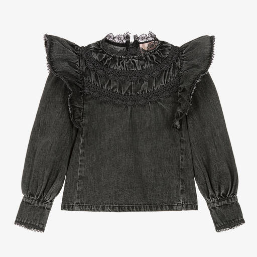 Petite Amalie-Girls Black Washed Denim Blouse | Childrensalon Outlet