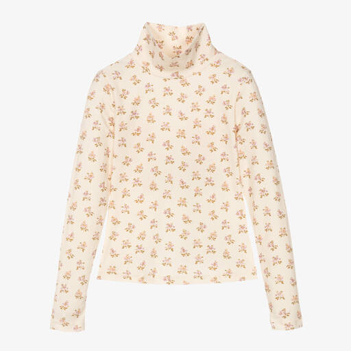 Petite Amalie-Girls Ivory Cotton Floral Roll Neck Top | Childrensalon Outlet