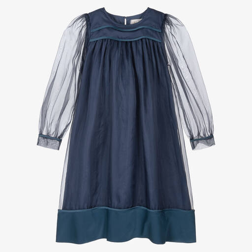 Petite Amalie-فستان حرير أورغانزا لون أزرق تينز بناتي | Childrensalon Outlet
