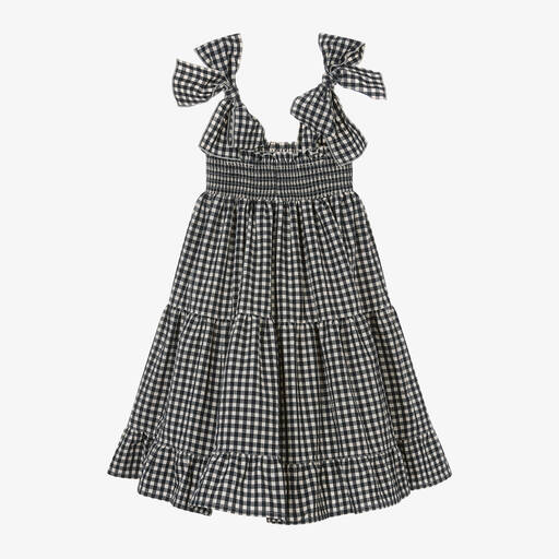 Phi Clothing-فستان ميدي مزيج قطن جينغهام لون أسود وعاجي | Childrensalon Outlet