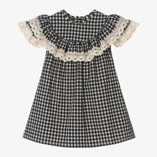 Phi Clothing-Girls Black Cotton Gingham & Lace Dress | Childrensalon Outlet