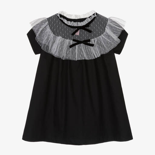 Phi Clothing-فستان قطن لون أسود وأبيض مزين بكشكش تول | Childrensalon Outlet
