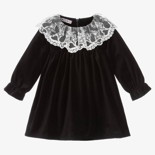 Phi Clothing-فستان قطن مخمل مزين بكشكش دانتيل لون أسود | Childrensalon Outlet