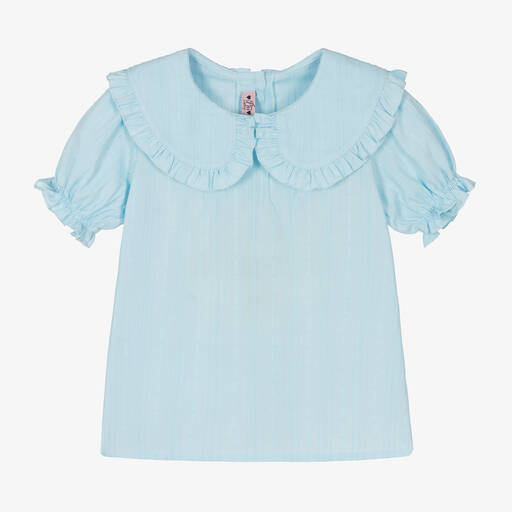 Phi Clothing-بلوزة بياقة كشكش قطن لون أزرق فاتح للبنات | Childrensalon Outlet