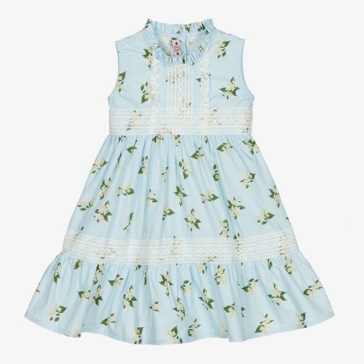 Phi Clothing-Голубое хлопковое платье в цветочек для девочек | Childrensalon Outlet