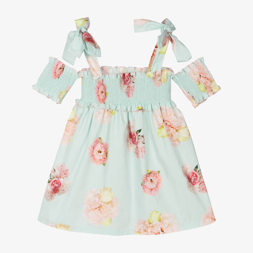 Phi Clothing-Голубое присборенное платье из хлопка с цветами | Childrensalon Outlet