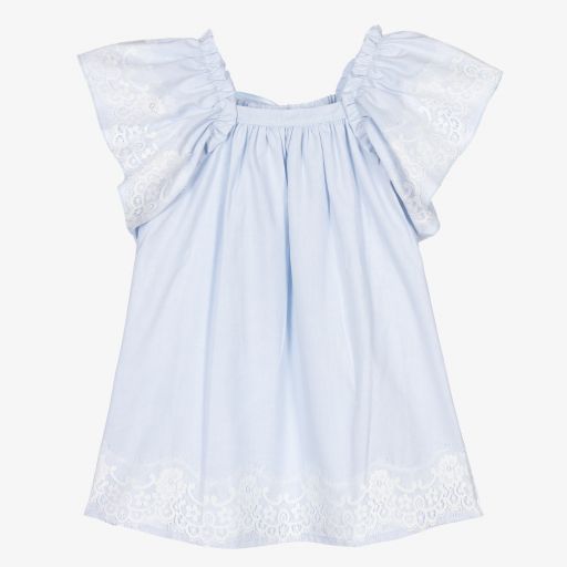 Phi Clothing-فستان قطن أكسفورد مزين بالدانتيل لون أزرق فاتح | Childrensalon Outlet