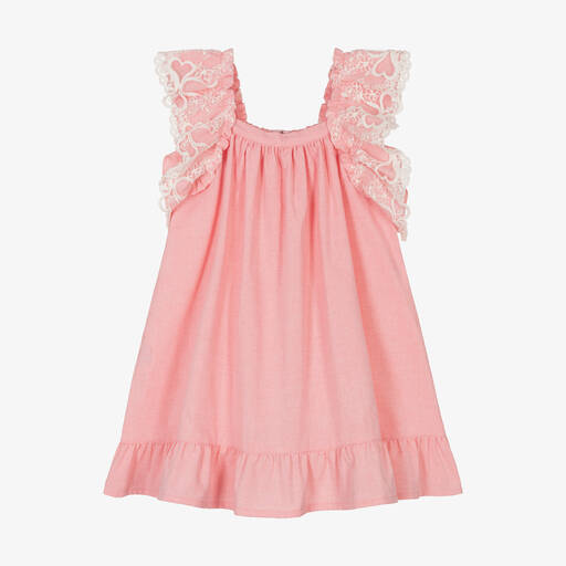 Phi Clothing-Girls Coral Pink Cotton Lace Dress | Childrensalon Outlet