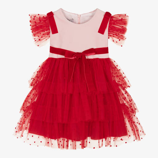 Phi Clothing-فستان تول ومخمل لون زهري وأحمر | Childrensalon Outlet