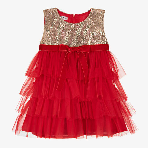 Phi Clothing-فستان تول مزين بترتر لون أحمر وذهبي | Childrensalon Outlet