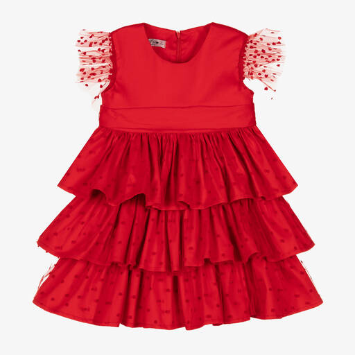 Phi Clothing-Girls Red Tulle & Flocked Hearts Dress | Childrensalon Outlet