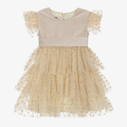 Phi Clothing-Girls Velvet and Tulle Dress in Beige | Childrensalon Outlet