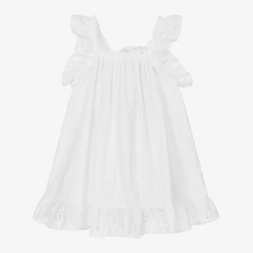Phi Clothing-Белое хлопковое платье с вышивкой английской гладью | Childrensalon Outlet