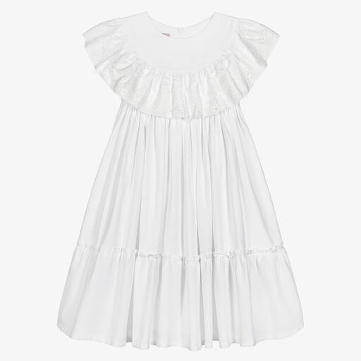Phi Clothing-Белое хлопковое платье с кружевной оборкой | Childrensalon Outlet