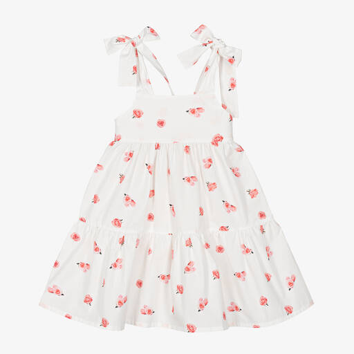 Phi Clothing-فستان قطن بوبلين لون أبيض بطبعة ورود | Childrensalon Outlet