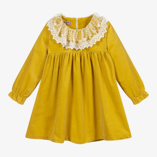 Phi Clothing-فستان قطن مزين بدانتيل لون أصفر موتارد | Childrensalon Outlet