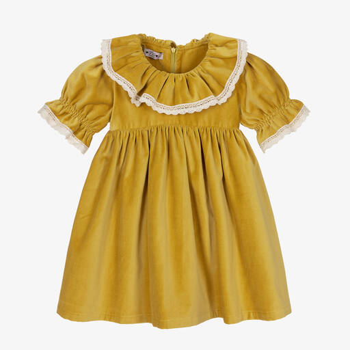 Phi Clothing-Girls Yellow Cotton Velvet Ruffle Dress | Childrensalon Outlet