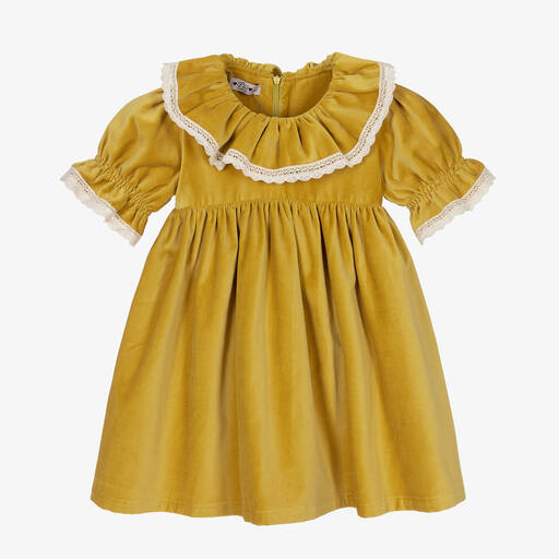 Phi Clothing-فستان قطن مخمل مزين بكشكش لون أصفر موتارد | Childrensalon Outlet