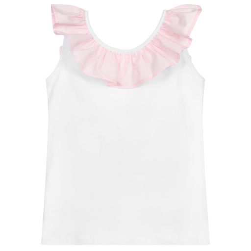 Phi Clothing-Gerüschtes Baumwolltop in Weiß und Rosa | Childrensalon Outlet