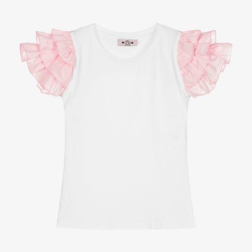 Phi Clothing-White Ruffle Cotton T-Shirt | Childrensalon Outlet