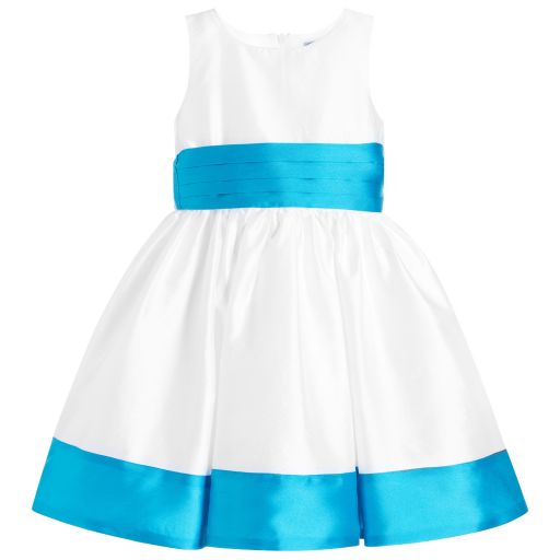 Piccola Ludo-Girls White & Turquoise Satin Dress | Childrensalon Outlet