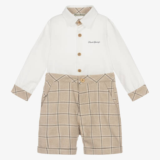 Piccola Speranza-Boys Beige Check Shorts Set | Childrensalon Outlet