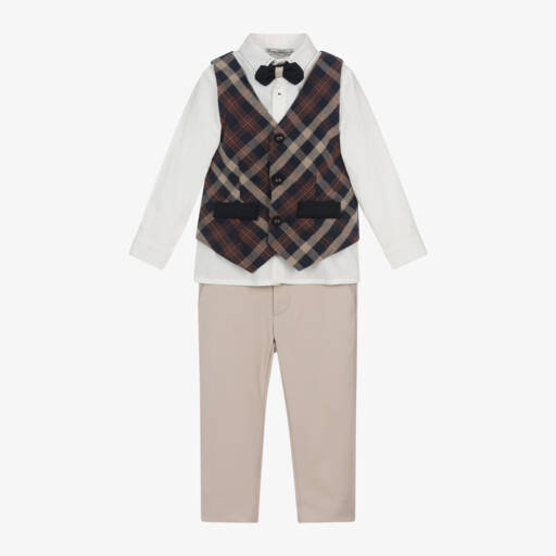 Piccola Speranza-Boys Beige Plaid Vest Suit | Childrensalon Outlet