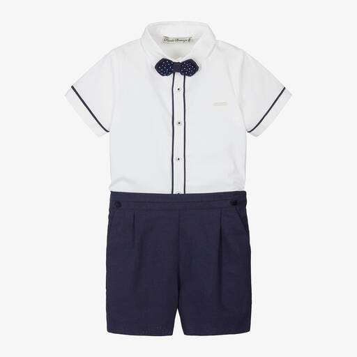 Piccola Speranza-Boys Navy Blue Cotton & Linen Shorts Set | Childrensalon Outlet