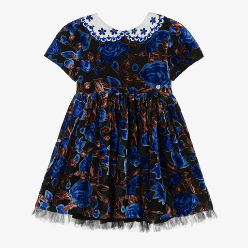 Piccola Speranza-فستان مخمل لون أزرق بطبعة ورود | Childrensalon Outlet