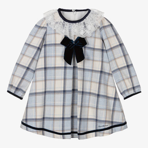 Piccola Speranza-Girls Blue & White Tartan Cotton Dress | Childrensalon Outlet