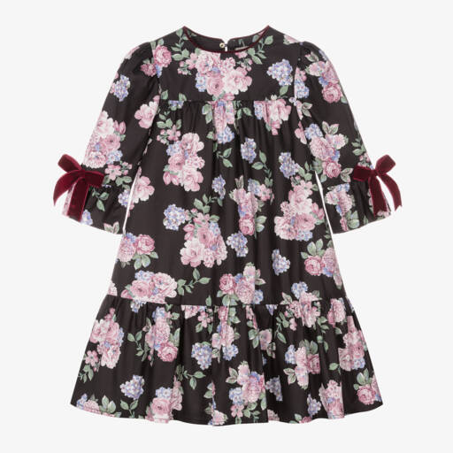 Piccola Speranza-Girls Floral Cotton Dress in Black | Childrensalon Outlet