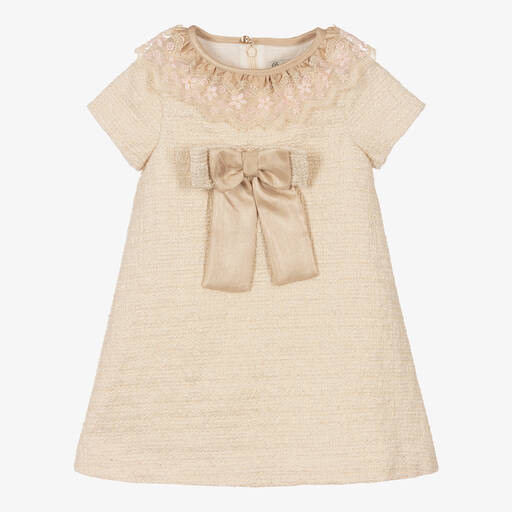 Piccola Speranza-Girls Gold Tweed Bow Dress | Childrensalon Outlet