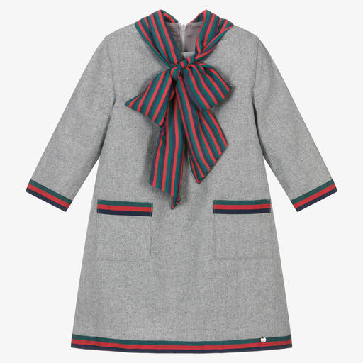 Piccola Speranza-Robe grise en laine col à nœud | Childrensalon Outlet